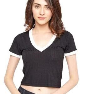 Hanaya Desiggns V Neck Tops for Women |V-Neck Cotton Tshirt Top for Women|Casual Wear V Neck Rib Knit Top for Women |Stylish Short Sleeves Western Tops for Women