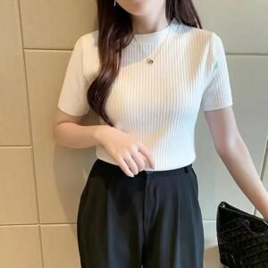 Istyle Can Slim Fit Plain Stretchable Round Neck Rib Knit Short Sleeve Regular Top for Women | T Shirt | Tee