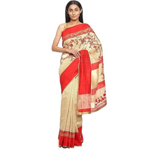 Satya Paul White Banarasi Silk Embroidered Women Saree with Blouse piece