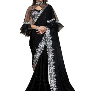 Women's Satin Embroidery Sequin Work Saree with Unstitch Blouse Piece