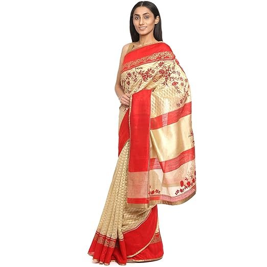 Satya Paul White Banarasi Silk Embroidered Women Saree with Blouse piece - Image 3
