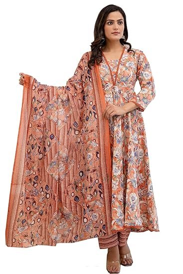 PARTHVI Women's Printed Cotton Anarkali Kurta & Pant With Dupatta Set
