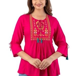 DMP FASHION Women's Rayon Classic Heavy Embroidery Top with Beautifull Tassels at Front and on Both Sleeves