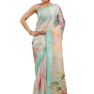 Womens Printed Organza Saree With Blouse Piece