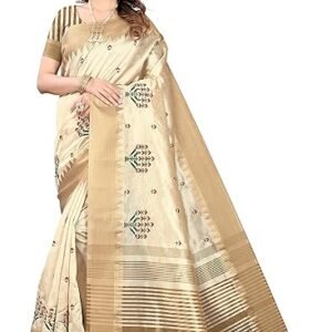 SERONA FABRICS Women's Assam Cotton Silk With Golden Border Thread Embroidery Saree With Blouse Piece