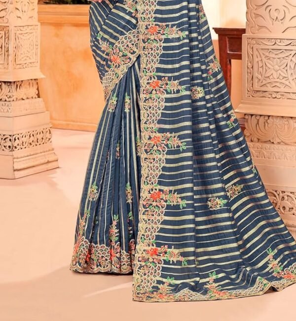 Embroidered Organza Silk Saree In Grey Color With Unstitched Blouse - Suitable For All Indian Occasions and Festivals - Image 3