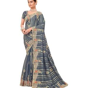 Embroidered Organza Silk Saree In Grey Color With Unstitched Blouse - Suitable For All Indian Occasions and Festivals