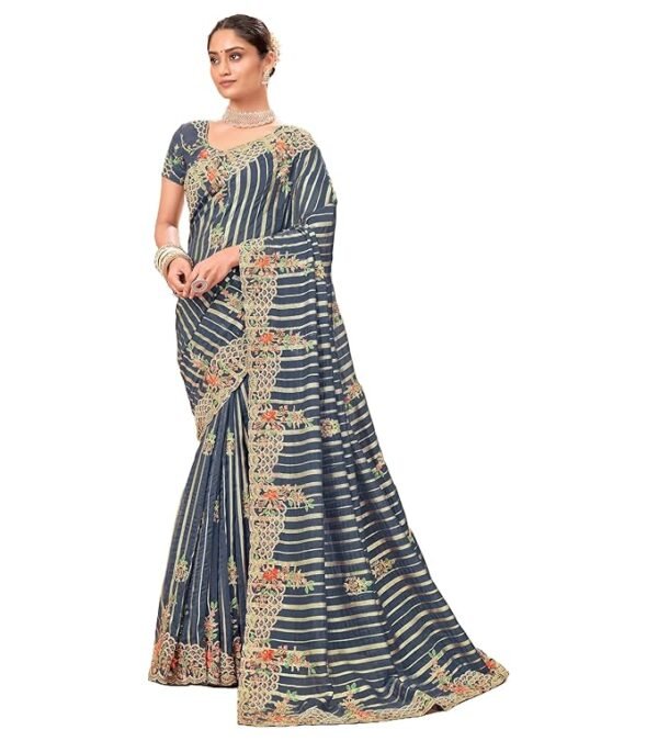 Embroidered Organza Silk Saree In Grey Color With Unstitched Blouse - Suitable For All Indian Occasions and Festivals