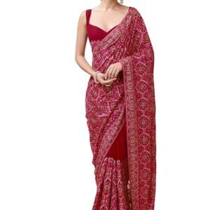 Women's Vichitra Silk Embroidery, Siroski Stone Work Saree with Unstitch Blouse