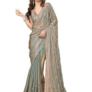 Women's Satin Siroski Mirror Work Saree with Unstitch Blouse Piece