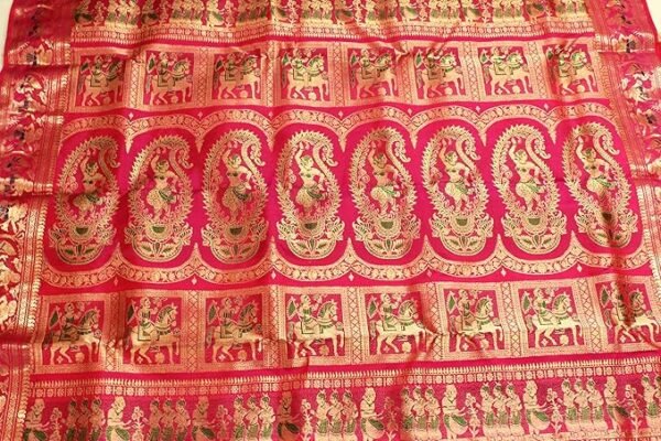 PRANTIKA Women's Bishnupuri Katan Silk Meenakari Baluchari Swarnachari Bengal Saree Coral Pink - Image 3