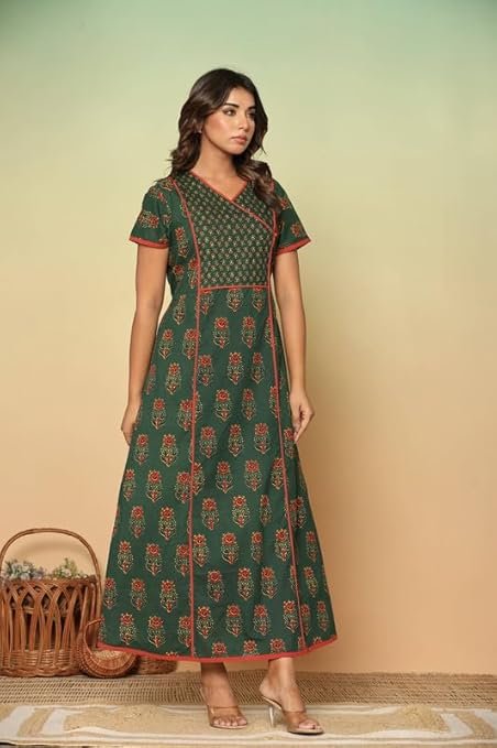 NIHSAMAH Cotton Nighty for Women — Angrakha Printed Stylish Night Gown, Comfortable Sleepwear Long Nightwear, Maxi - Image 3