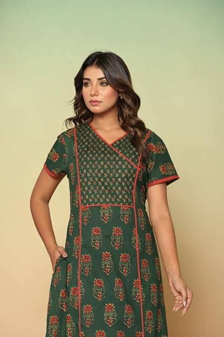 NIHSAMAH Cotton Nighty for Women — Angrakha Printed Stylish Night Gown, Comfortable Sleepwear Long Nightwear, Maxi - Image 4