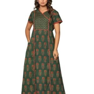 NIHSAMAH Cotton Nighty for Women — Angrakha Printed Stylish Night Gown, Comfortable Sleepwear Long Nightwear, Maxi
