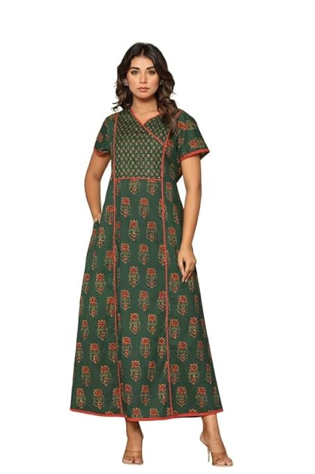NIHSAMAH Cotton Nighty for Women — Angrakha Printed Stylish Night Gown, Comfortable Sleepwear Long Nightwear, Maxi