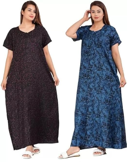 NILOUFO Women’s Cotton Printed Maxi Nighty – Pack of 2 Soft Ankle-Length Night Dresses | Free Size Sleepwear Gowns for Women