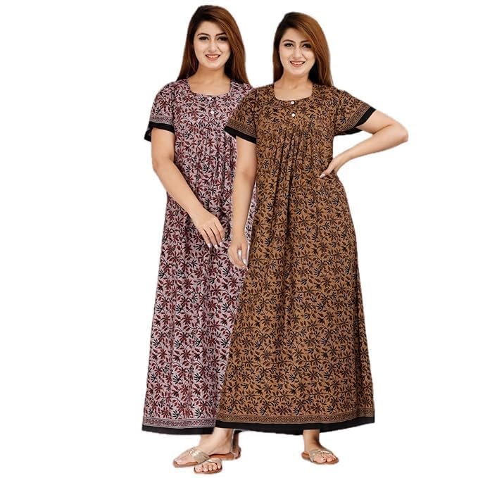 Vlazom Women’s Cotton Maxi Nighty – Pack of 2 Printed Ankle-Length Night Dresses | Free Size Gown for Women | Soft & Breathable Sleepwear for Summer & All Seasons