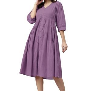 Janasya Women's Fit and Flare Knee Length Cotton Solid Flared Dress