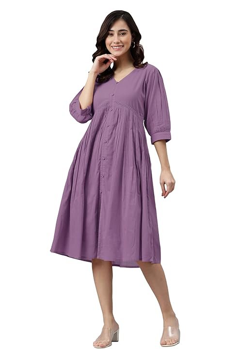 Janasya Women's Fit and Flare Knee Length Cotton Solid Flared Dress