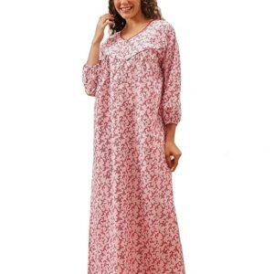 Clovia Women's Cotton Floral Printed Long Maternity Feeding Nighty