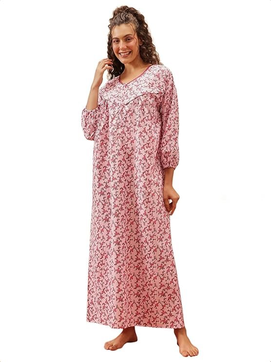 Clovia Women's Cotton Floral Printed Long Maternity Feeding Nighty
