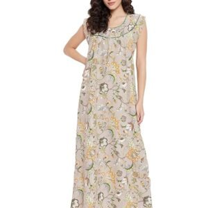 Clovia Women's Cotton Pretty Florals Long Nighty in Beige