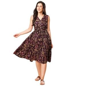 Globus Women Olive Floral Print V-Neck Back Twisted Knot Style Flared Hem A-Line Midi Dress