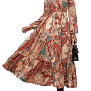 GRECIILOOKS Women's Printed Boho Maxi Dress | Long Flared Style with Full or Puff Sleeves | Ethnic Pattern Gown for Festive, Holiday & Everyday Wear