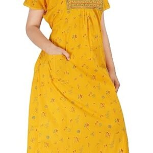 DIAMO Pure Cotton Embroidery Nighty for Women's | Night Gown | Nighty | Nightdress | Maxi | Sleepwear | Jaipuri Nighty | Nighties | Cotton Night Gown with a Pocket and Adjustable Knot