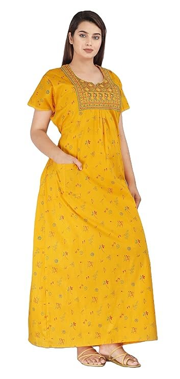 DIAMO Pure Cotton Embroidery Nighty for Women's | Night Gown | Nighty | Nightdress | Maxi | Sleepwear | Jaipuri Nighty | Nighties | Cotton Night Gown with a Pocket and Adjustable Knot