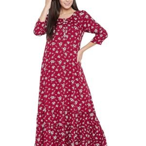 Clovia Women's Cotton Florals Long Nightdress - Maroon