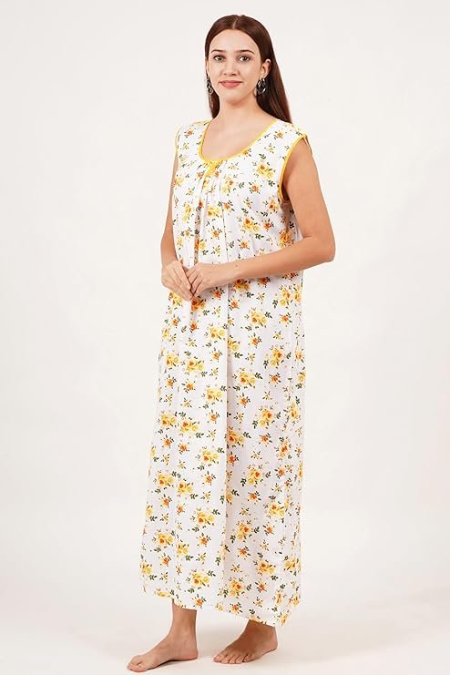 Breezly Women Pure Cotton Maxi 's Nightdress Nighty Yellow, free size - Image 2
