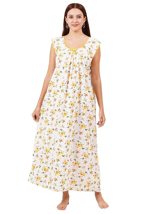 Breezly Women Pure Cotton Maxi 's Nightdress Nighty Yellow, free size