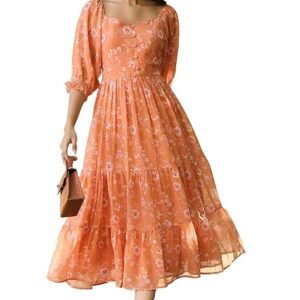 Janasya Women's Orange Georgette Floral Printed Tiered Dress