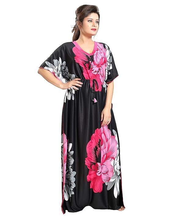 Noty Women's Kaftan Nighty | Serena Fabric | Floral Print Maxi | Short Sleeves | V Shaped Neck - Image 4