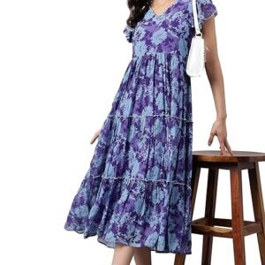 Janasya Women's Fit and Flare Midi Georgette Printed Flared Western Dress