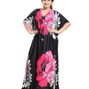 Noty Women's Kaftan Nighty | Serena Fabric | Floral Print Maxi | Short Sleeves | V Shaped Neck