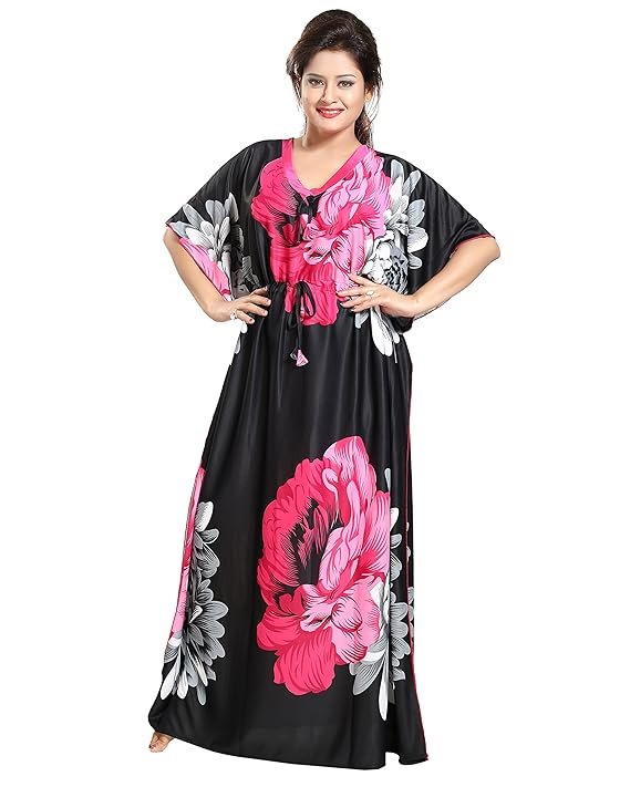 Noty Women's Kaftan Nighty | Serena Fabric | Floral Print Maxi | Short Sleeves | V Shaped Neck